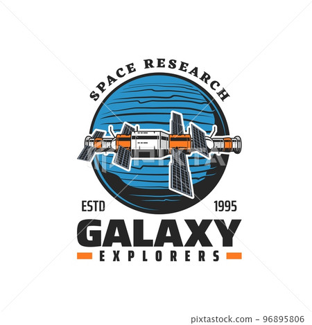 Orbital station in galaxy, space planets exploration and research mission vector symbol. Cosmic orbital station spaceflight to moon, satellite or rocket shuttle and scientific orbiter spacecraft icon 96895806