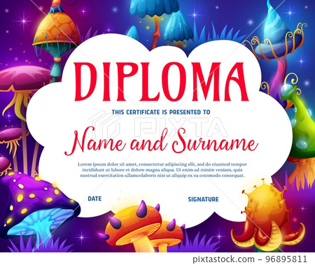 Kids diploma. Magic mushrooms fairytale forest on school education achievement diploma vector template. Child celebration invitation or education graduation award with fantasy luminous fungi mushrooms Kids diploma. Magic mushrooms fairytale forest on school education achievement diploma vector template. Child celebration invitation or education graduation award with fantasy luminous fungi mushrooms 96895811