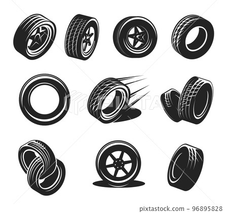 Car tyre icons, wheel tire, rim disk monochrome vector retro symbols. Automobile spare parts, repair service shop vintage graphic icons with vehicle, sport car rubber black tyres Car tyre icons, wheel tire, rim disk monochrome vector retro symbols. Automobile spare parts, repair service shop vintage graphic icons with vehicle, sport car rubber black tyres 96895828