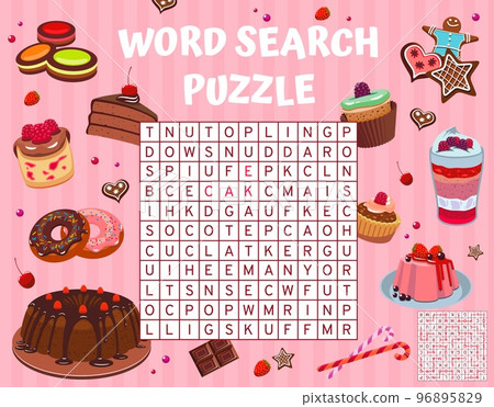 Cartoon cakes, pies and desserts, word search puzzle game worksheet, vector word quiz. Word search riddle to find word of donut and pudding, bakery cakes, cheesecake or pancake with muffin 96895829