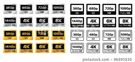 Video resolution icons. Display, monitor or TV definition silver and gold labels, badges, media quality format and 1080p, 4k, ultra HD video resolution and size symbols, monochrome icons or signs 96895830