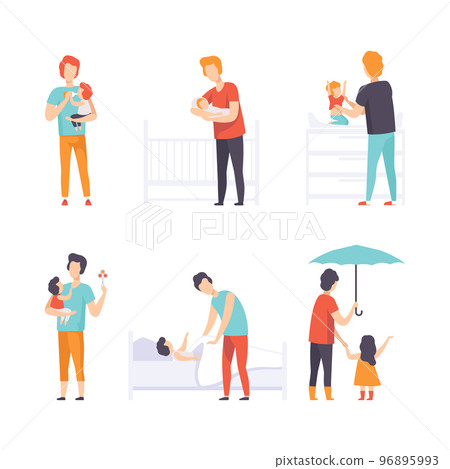 Young Fathers Taking Care of Their Babies Nursing and Feeding Them Vector Set Young Fathers Taking Care of Their Babies Nursing and Feeding Them Vector Set 96895993
