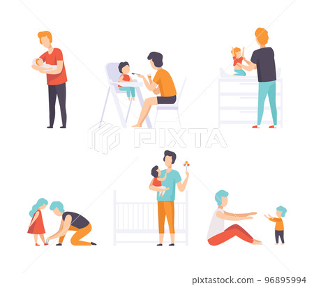 Young Fathers Taking Care of Their Babies Nursing and Feeding Them Vector Set Young Fathers Taking Care of Their Babies Nursing and Feeding Them Vector Set 96895994