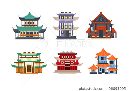 Pagoda as Tiered Tower with Multiple Eaves as Asian Architecture Vector Set Pagoda as Tiered Tower with Multiple Eaves as Asian Architecture Vector Set 96895995