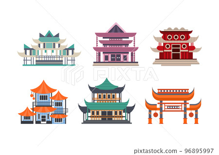 Pagoda as Tiered Tower with Multiple Eaves as Asian Architecture Vector Set Pagoda as Tiered Tower with Multiple Eaves as Asian Architecture Vector Set 96895997
