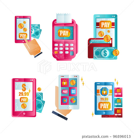 Money Transactions and Mobile Payments with Smartphone and Credit Card Vector Set 96896013