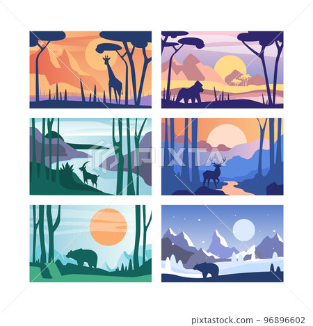 Nature Scene and Landscape View with Trees, Animals and Mountain Silhouette Vector Set Nature Scene and Landscape View with Trees, Animals and Mountain Silhouette Vector Set 96896602