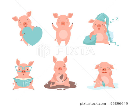 Pink Little Pig Character in Dirt Puddle, with Heart, Sleeping, Crying and Reading Book Vector Set Pink Little Pig Character in Dirt Puddle, with Heart, Sleeping, Crying and Reading Book Vector Set 96896649