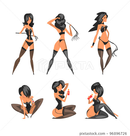 Pretty BDSM Mistress as Beautiful Brunette Woman in Latex Dress with Whip Vector Set 96896726