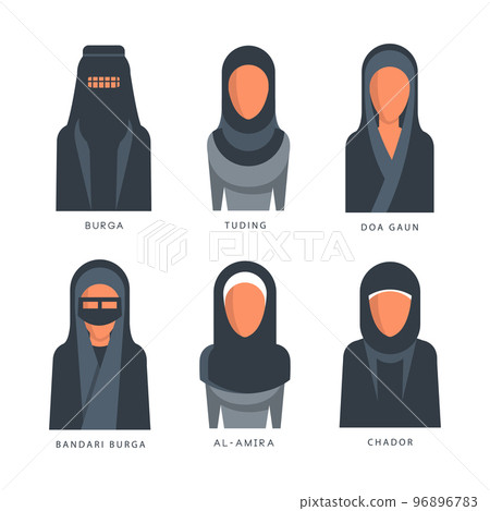 Muslim Traditional Hijab Type Arab Models with Inscription Vector Set 96896783