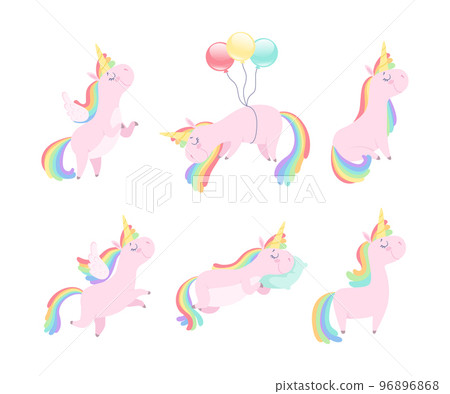 Cute Pink Unicorn with Twisted Horn and Rainbow Mane Vector Set Cute Pink Unicorn with Twisted Horn and Rainbow Mane Vector Set 96896868