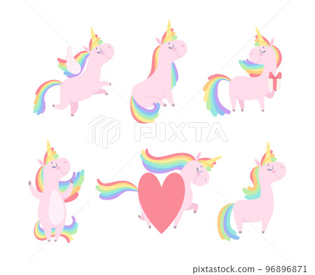Cute Pink Unicorn with Twisted Horn and Rainbow Mane Vector Set 96896871
