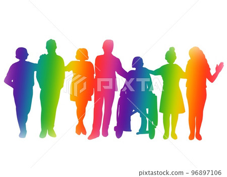 Rainbow color silhouette, side by side, adult, 7 people, wheelchair Rainbow color silhouette, side by side, adult, 7 people, wheelchair 96897106