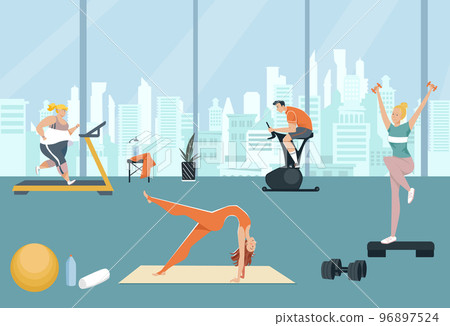 Fashion sport workout center, people character together physical activity in gym place flat vector illustration, healthy lifestyle. 96897524
