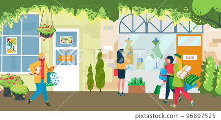 People character together shopping in store buy present, customer purchase stuff discount sale promotion offer flat vector illustration. 96897525