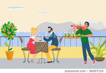 Lovely couple male and female romantic dinner on restaurant cozy terrace, musician play on violin flat vector illustration. 96897526
