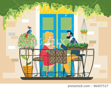 Lovely couple male and female romantic dinner on balcony, pair in love spend time together flat vector illustration, comrotable place. 96897527