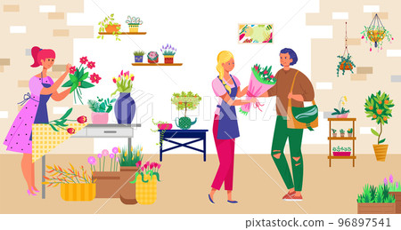 Customer male character purchase bouquet flower, plant shop florist and gardener work flat vector illustration, organic retail store. Customer male character purchase bouquet flower, plant shop florist and gardener work flat vector illustration, organic retail store. 96897541