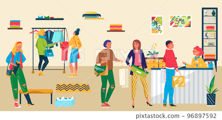 People character together stand in fashion shop queue, design clothes boutique store flat vector illustration, cashier serves customer. People character together stand in fashion shop queue, design clothes boutique store flat vector illustration, cashier serves customer. 96897592