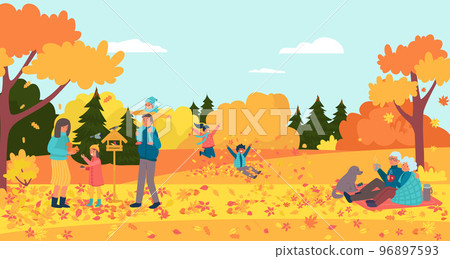 Cheerful people together healthy walk in autumn city park, resting lifestyle stroll orange tree garden flat vector illustration, funny time spend. 96897593