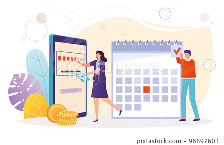Monthly mortgage online payment, tiny young lovely couple female, male pay hypothec credit flat vector illustration, isolated on white. 96897601