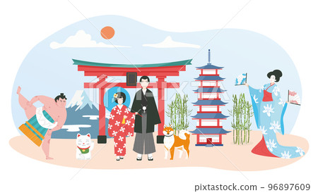 Travel japan, japanese tourist attraction object set, stereotype traditional costume flat vector illustration, isolated on white. Travel japan, japanese tourist attraction object set, stereotype traditional costume flat vector illustration, isolated on white. 96897609