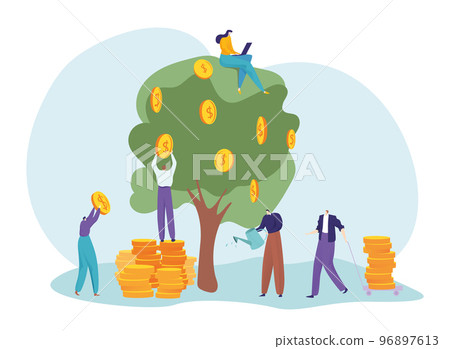 Group of people investor character grow golden coin on money tree, growth investment profit stock index flat vector illustration, isolated on white. 96897613
