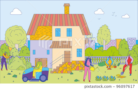 Farmer character people work together care land plot, clean kitchen garden line flat vector illustration, harvest green plants. Farmer character people work together care land plot, clean kitchen garden line flat vector illustration, harvest green plants. 96897617