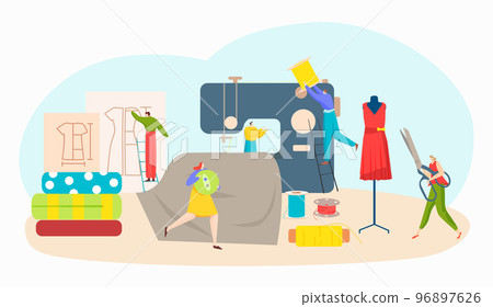 Professional fashion clothes tailor designer work, tiny character dressmaker stand sewing machine flat vector illustration, isolated on white. 96897626