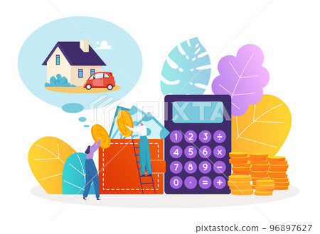 Young family financial plan budget save money, tiny woman, man character hold dollar cash coin flat vector illustration, isolated on white. 96897627