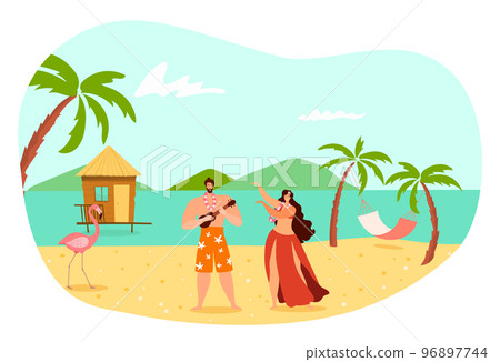 Romantic couple woman, man character in tradition hawaii dress play guitar music tropical country flat vector illustration, isolated on white. Romantic couple woman, man character in tradition hawaii dress play guitar music tropical country flat vector illustration, isolated on white. 96897744