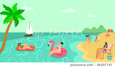 Tropical hot country vacation people character together relax on sand sea beach flat vector illustration, private boat foreign holiday. 96897745