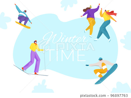 Healthy lifestyle winter sport poster, people character together ski and snowboard flat vector illustration, isolated on white. 96897763