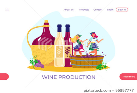 Wine beverage production web application website banner, template landing webpage mobile app flat vector illustration, champagne company. 96897777
