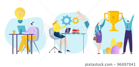 Office clerk colleague character sitting workplace, teamwork golden cup and light bulb idea flat vector illustration, isolated on white. Office clerk colleague character sitting workplace, teamwork golden cup and light bulb idea flat vector illustration, isolated on white. 96897841