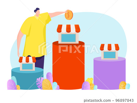 Male hold gold coin money dollar, business investment growth successful franchise management flat vector illustration, isolated on white. 96897843