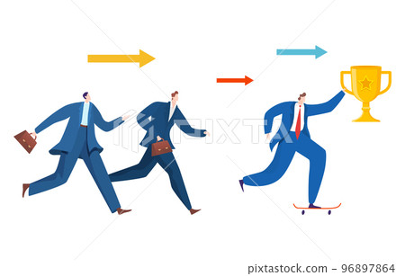 Group of businessman colleague rivalry, teamwork success business leader boss hold golden cup flat vector illustration, isolated on white. 96897864