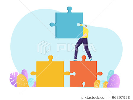 Businessman tiny character hold business puzzle self made, company industry assistant flat vector illustration, isolated on white. Businessman tiny character hold business puzzle self made, company industry assistant flat vector illustration, isolated on white. 96897938