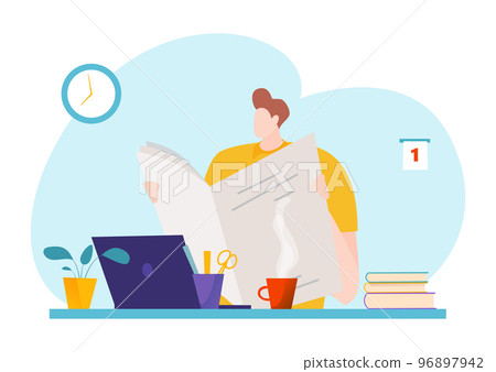 Male character read morning daily newspaper, obtain world information from laptop internet and book flat vector illustration, isolated on white. 96897942