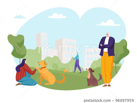 People together walk with home pet dog, outdoor cityscape park stroll domestic animal care flat vector illustration, isolated on white. People together walk with home pet dog, outdoor cityscape park stroll domestic animal care flat vector illustration, isolated on white. 96897959