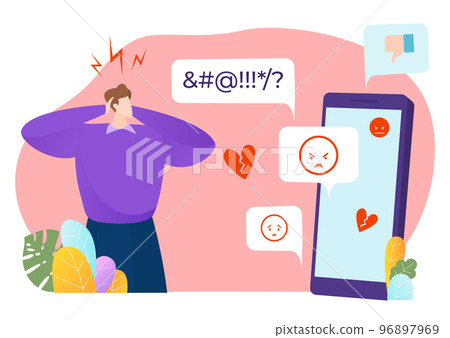 Internet harassment bullying, technology online smartphone dialogue messenger application flat vector illustration, isolated on white. Internet harassment bullying, technology online smartphone dialogue messenger application flat vector illustration, isolated on white. 96897969