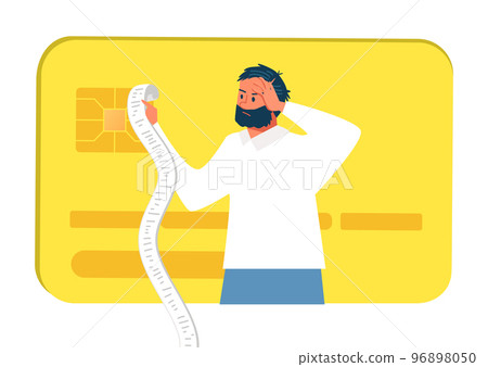 Debt credit card big money expense, male character stress wasteful lifestyle hold shop receipt flat vector illustration, isolated on white. Debt credit card big money expense, male character stress wasteful lifestyle hold shop receipt flat vector illustration, isolated on white. 96898050
