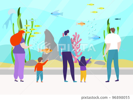 Friendly family with children relax in ocean oceanarium, character people together watch fish aquarium flat vector illustration. Friendly family with children relax in ocean oceanarium, character people together watch fish aquarium flat vector illustration. 96898055