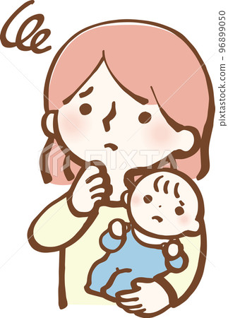 Illustration of a housewife and a baby with a troubled face Illustration of a housewife and a baby with a troubled face 96899050