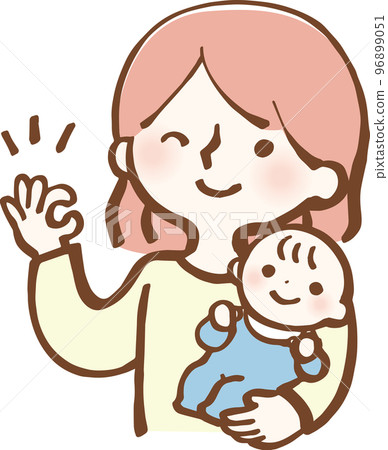 Illustration of housewife and baby giving OK sign 96899051
