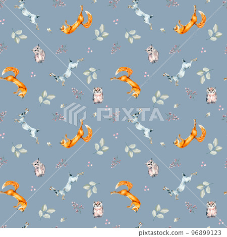 Wild animals, hare, fox, owl and plants watercolor seamless pattern isolated on blue. Wild animals, hare, fox, owl and plants watercolor seamless pattern isolated on blue. 96899123