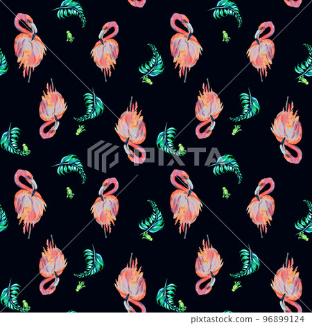 Tropical birds flamingo and palm leaves watercolor seamless pattern on dark background. Tropical birds flamingo and palm leaves watercolor seamless pattern on dark background. 96899124