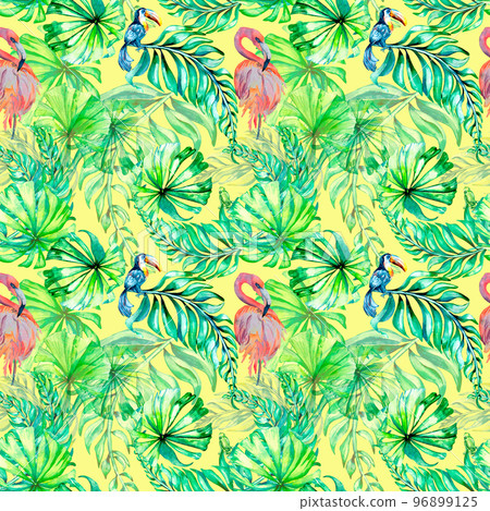 Tropical birds and palm leaves watercolor seamless pattern on yellow background 96899125