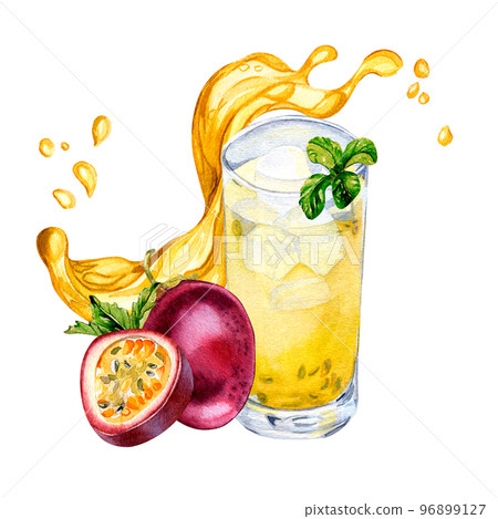 Passion fruit smoothies and splash juice watercolor illustration isolated on white. Passion fruit smoothies and splash juice watercolor illustration isolated on white. 96899127
