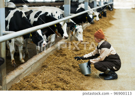 Young woman with bucket full of fresh forge sitting on squats 96900113